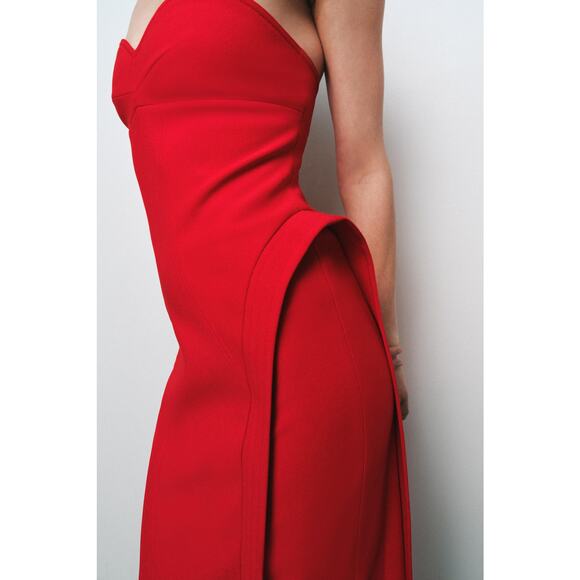 ❤️ ZARA Red Fitted Midi Dress NWT | Sweetheart Neck Off Shoulder M - Picture 13 of 15